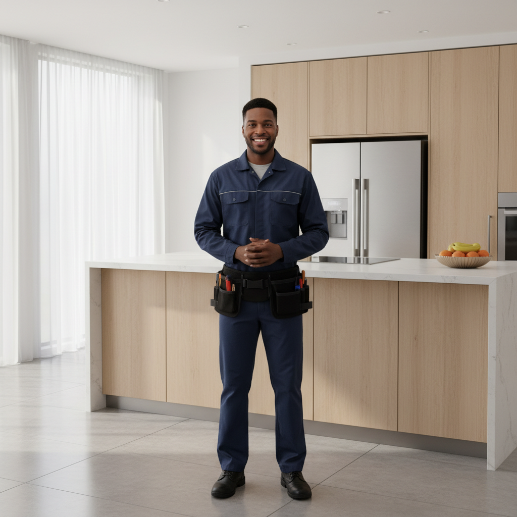 Smiling appliance repair technician standing in a modern bright kitchen