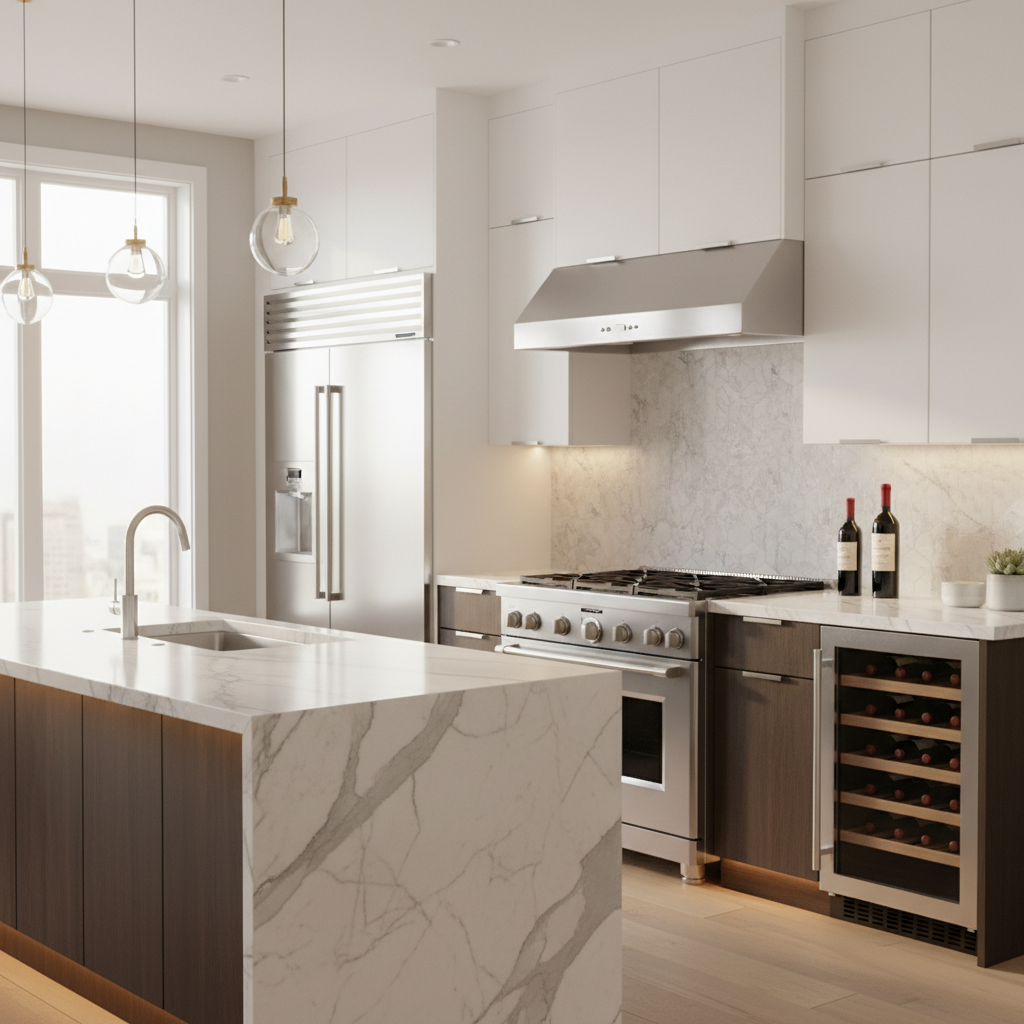 Luxury modern kitchen with Thermador-style premium appliances